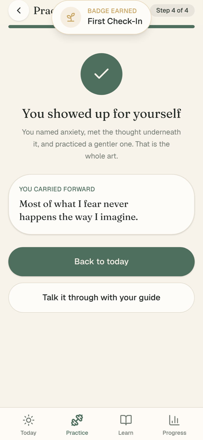 EJJ completion screen showing a thought carried forward