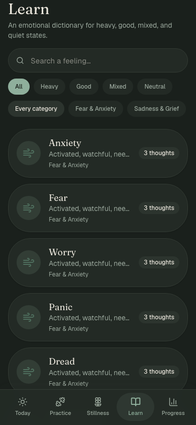 EJJ emotional dictionary screen listing feelings to learn from