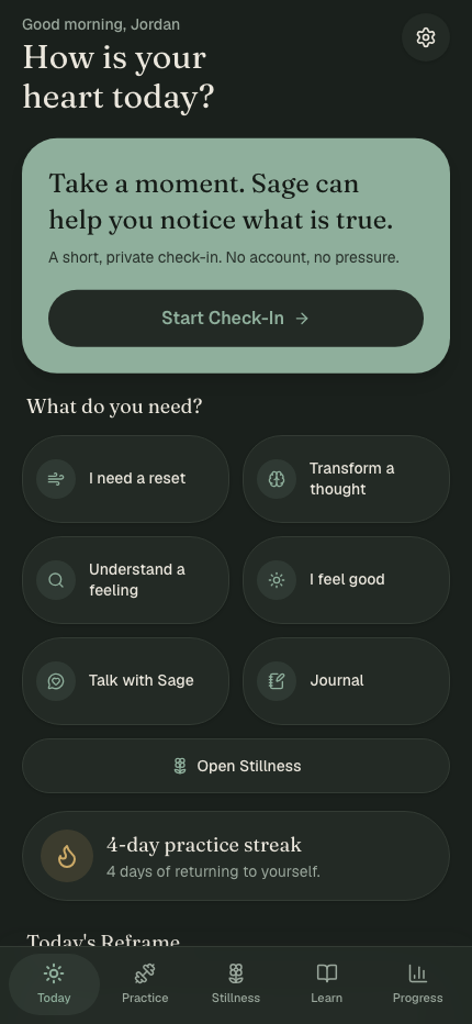 EJJ home screen asking how your heart is today