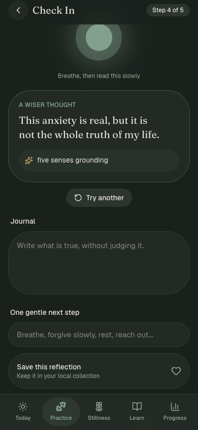 EJJ thought reframe screen with a wiser thought and journal fields