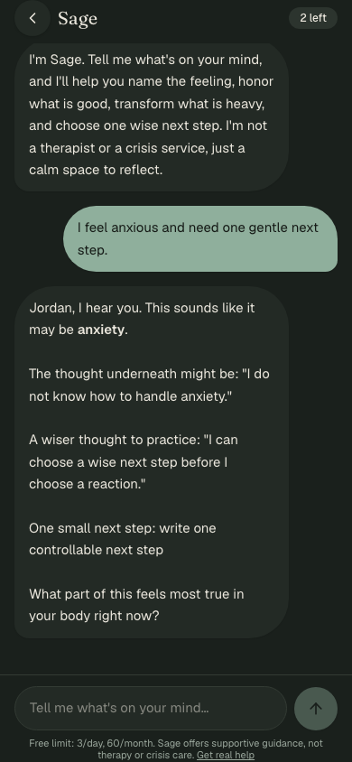 EJJ Sage screen showing warm reflective guidance