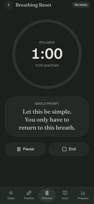 EJJ Stillness timer screen with a breathing reset prompt